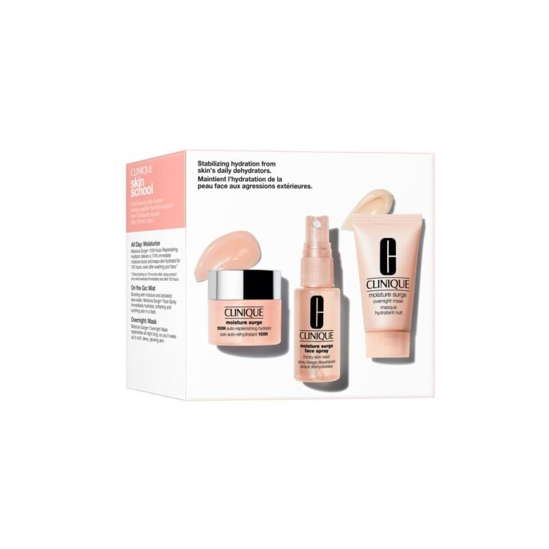 Clinique Skin School Supplies Set: Glowing Skin Essentials | Moisture Surge 1H Auto-Replenishing Hydrator, 0.5 Fl Oz | Face Spray Thirsty Skin Relief, 1 Fl Oz | Overnight Mask, 1 Fl Oz