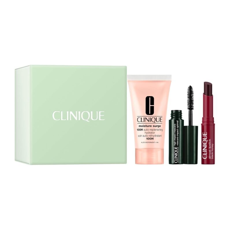 Clinique Icons Gift Set | Almost Lipstick in Black Honey | Moisture Surge 100H Moisturizer, 1 Fl Oz | High Impact Mascara | Hydrating + Glow | Includes 3 Travel Size Pieces
