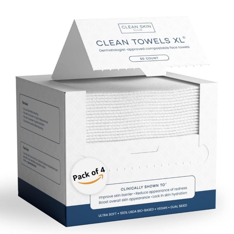 Clean Skin Club Clean Towels XL?, 100% USDA Biobased Face Towel, Disposable Face Towelette, Eczema Association Accepted, Makeup Remover Dry Wipes, Ultra Soft, 50 ct per pack, 4 Packs, 200 Ct Total