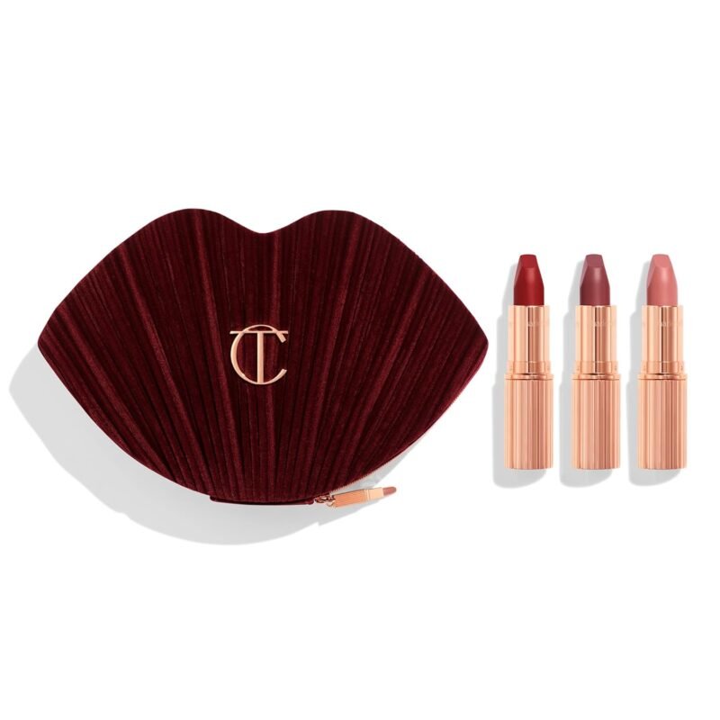 Charlotte Tilbury Hot Lips Lipstick Trio & Limited Edition Makeup Bag - Three Full Size Matte Revolution Lipsticks and Night Crimson velvet bag