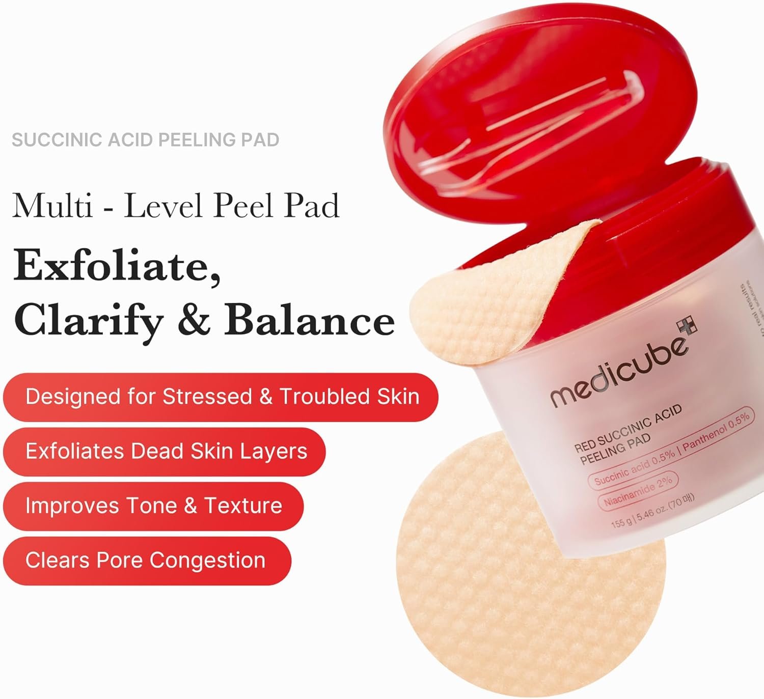 Medicube Red Succinic Acid Panthenol Facial Peeling Pads - Exfoliating Toner Pads for Breakout-Prone Skin with Niacinamide, AHA, BHA, and Soothing Panthenol - Non-Comedogenic - Image 2