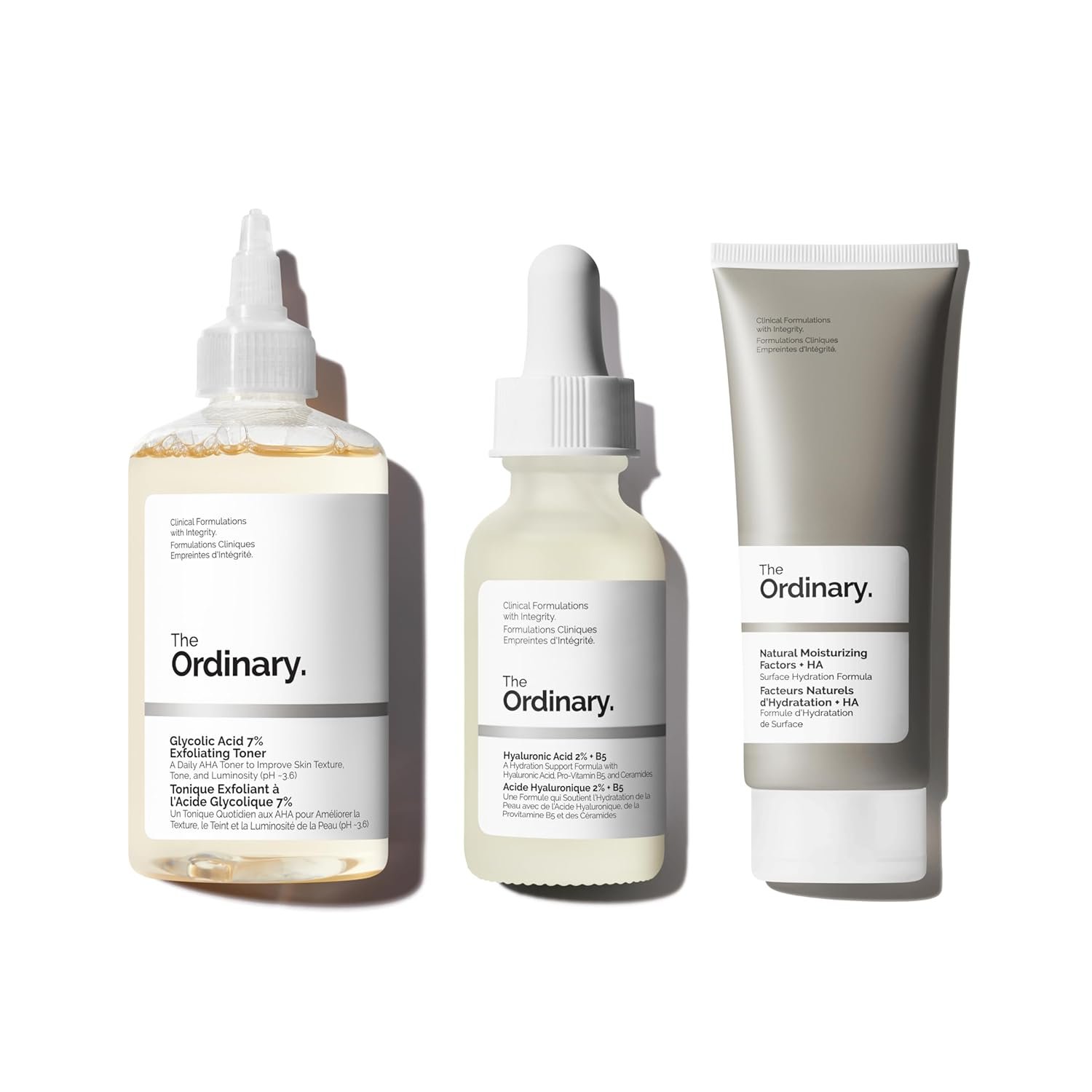 The Ordinary Favorites Collection For Luminous, Hydrated Skin - Skin Care Bundle Set -Glycolic Acid 7% Exfoliating Toner 8.1, Hyaluronic Acid 2% + B5, Natural Moisturizing Factors + HA