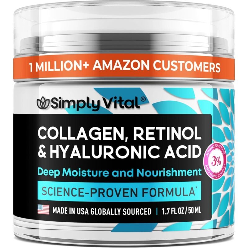 SimplyVital Collagen, Retinol & Hyaluronic Acid Cream - Anti-Aging Face Moisturizer for Face, Firming Skin Care Neck & D??collet?? - Made in USA, Daily Moisturizer Face Cream Day & Night - 1.7 fl.oz.