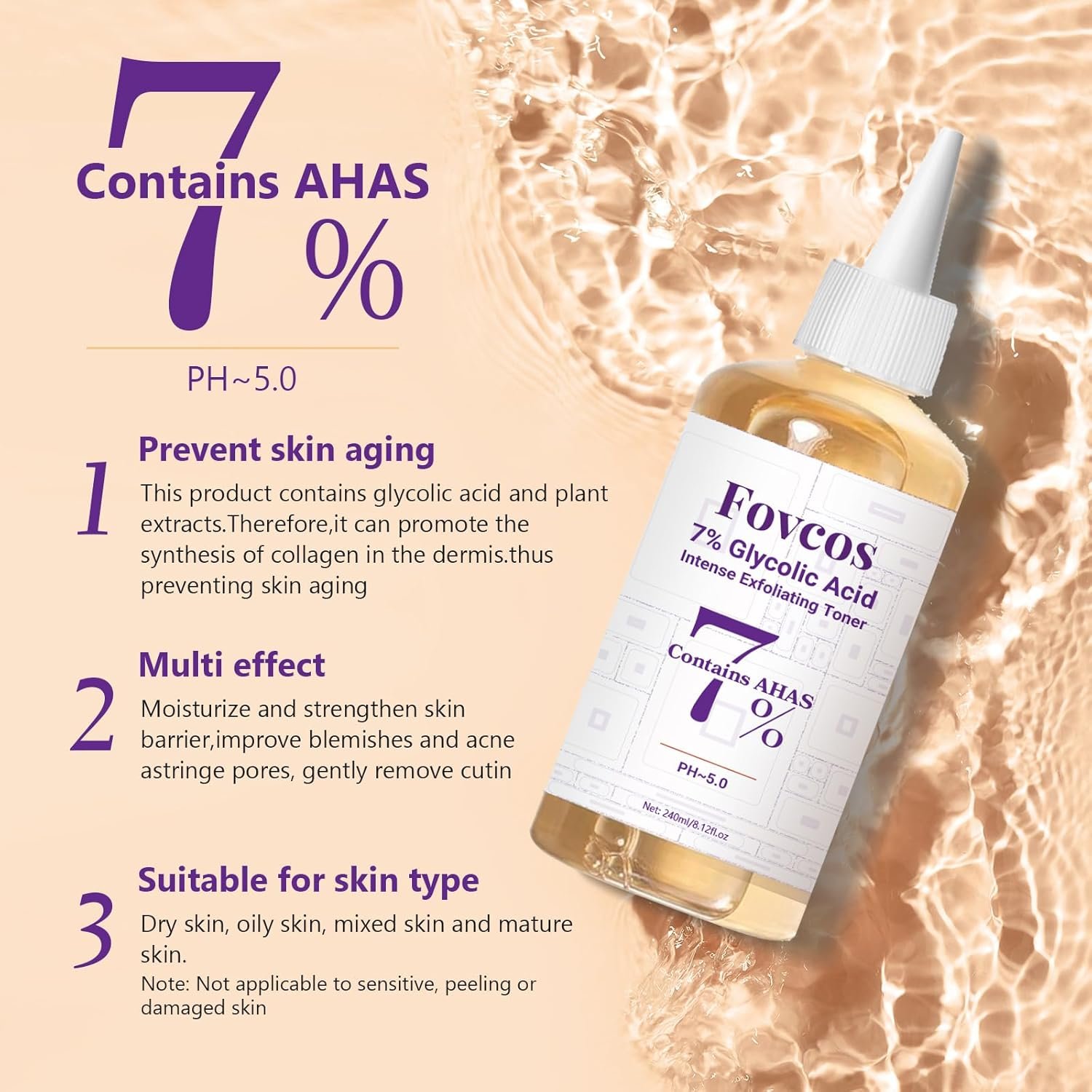 7% Glycolic Acid Exfoliating Toner, Exfoliating Skin Care Facial Toner, Improves Texture, Reduces Breakouts Pores and Fine Lines, Suitable for All Skin Types - Image 2