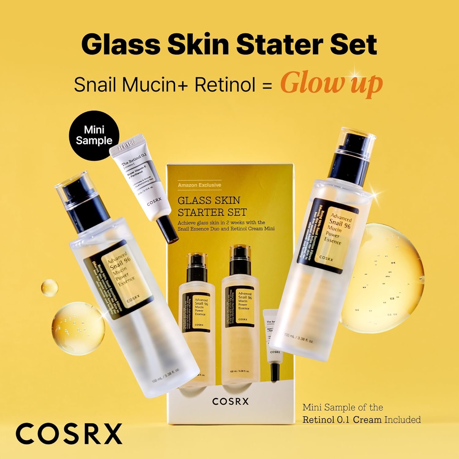 COSRX Snail 96% Mucin Power Essence 2ea & Retinol 0.1% Cream Mini Sample 1ea, Glass Skin Starter Set, Amazon Exclusive, Daily Hydrating & Firming Korean Skin Care Kit, Gift Set - Image 2