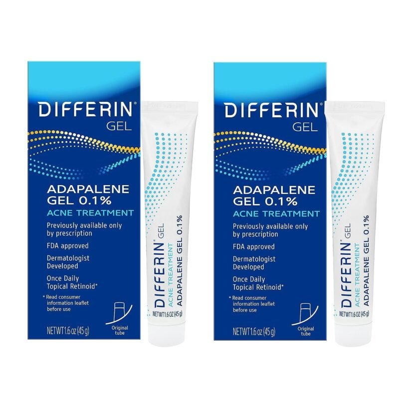 Differin Acne Treatment Gel, 180 Day Supply, Retinoid Treatment for Face with 0.1% Adapalene, Gentle Skin Care for Acne Prone Sensitive Skin, 45g Tube, Pack of 2 (Packaging May Vary)