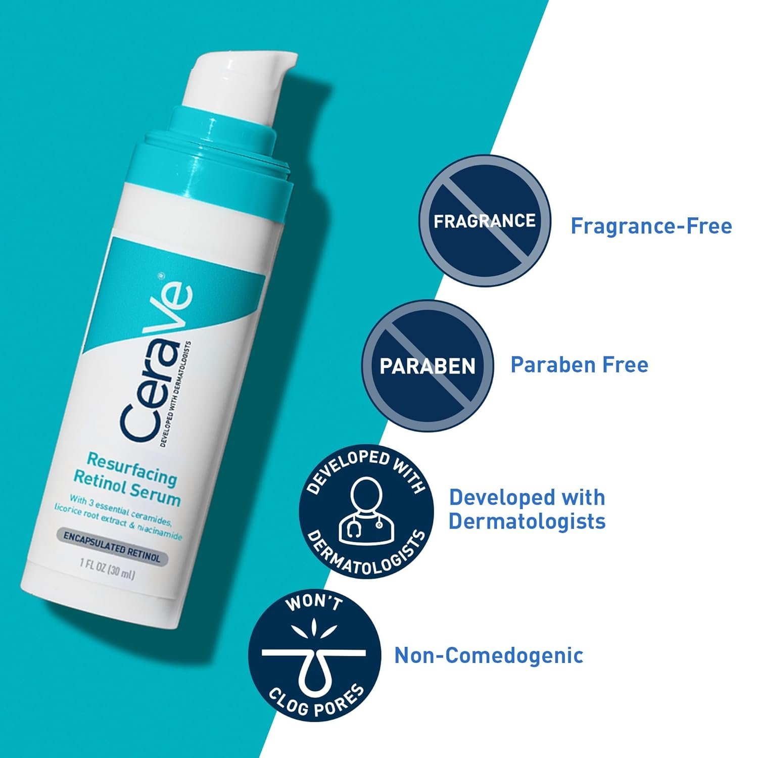 CeraVe Resurfacing Retinol Serum For Post Acne Marks, Formulated With Licorice Root Extract & Niacinamide, Brightening Serum & Pore Minimizer For Face, Post Acne Skin Barrier Repair, Non-Comedogenic - Image 2