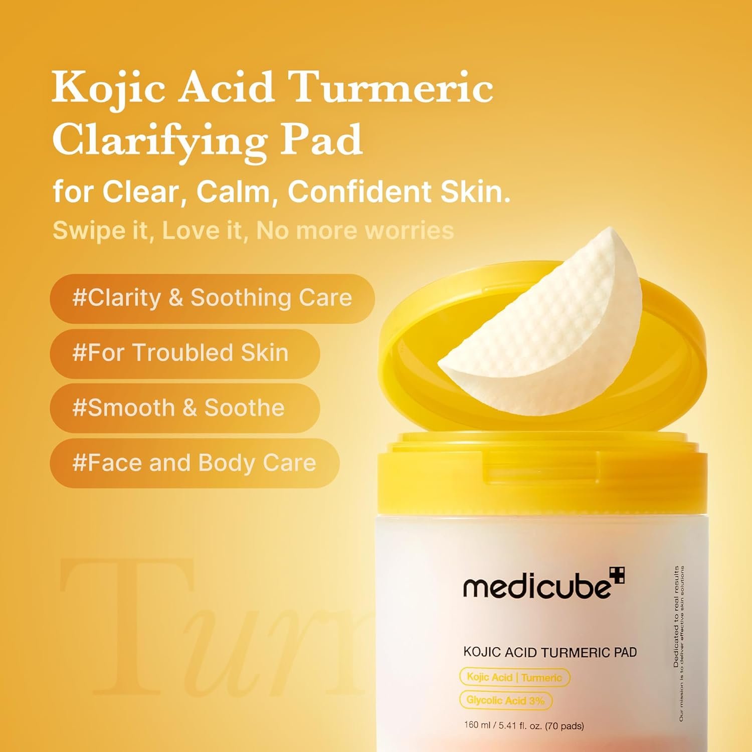 medicube Kojic Acid Turmeric Clarifying Toner Pad for Troubled Skin & Use After Spot Care, Soothing & Calming with Kojic Acid, Turmeric, Niacinamide & Glycolic Acid, Korean Skin Care, 70 Pads, 1 Pack - Image 2