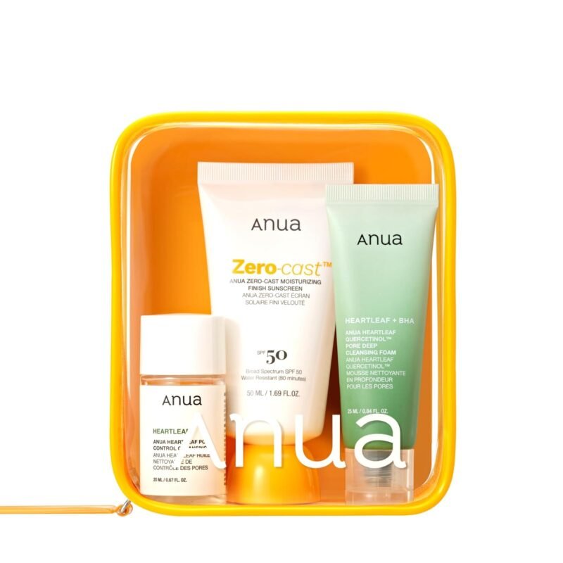 Anua Sun-Ready Travel Kit, Zero-Cast Sunscreen & Cleansing oil & Face Wash. Korean Sunscreen with Mini Size Double Cleansing routine ,Korean Skincare Set