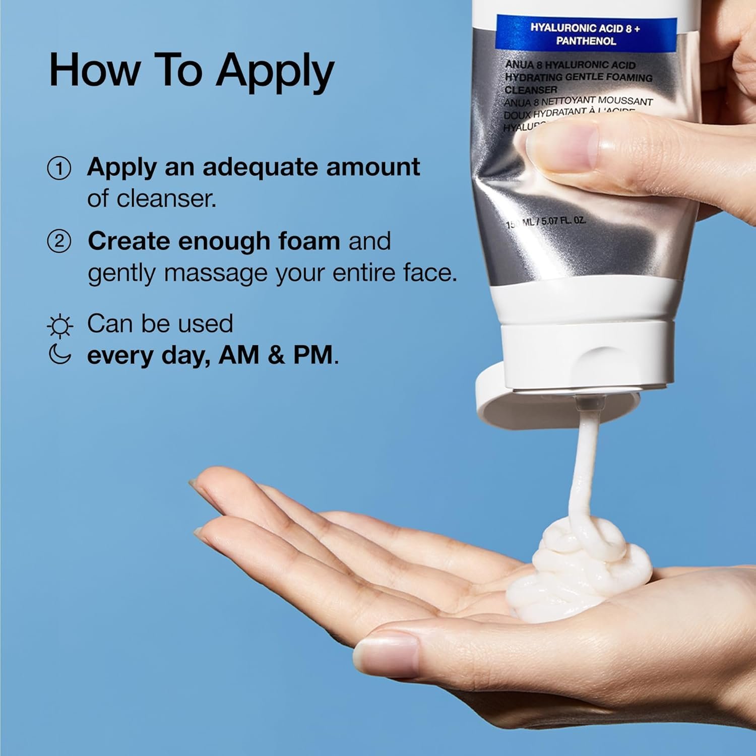 Anua Hydrating Gentle Foaming Cleanser, Hyaluronic Acid, Glycerin, Zinc, Panthenol, Korean Face Wash for Dry Skin, for Double Cleansing, Korean Skincare (150ml/5.07fl oz.) - Image 6