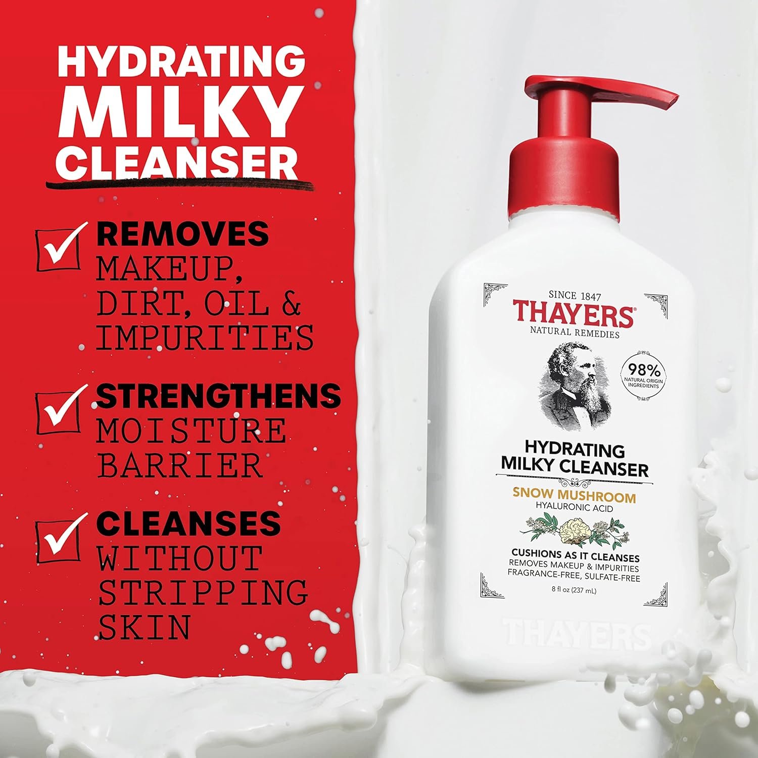 THAYERS Milky Hydrating Face Cleanser with Snow Mushroom, Hyaluronic Acid, Dermatologist Recommended Gentle Facial Wash, Hydrating Skincare for Dry, Sensitive Skin, Paraben Free, 8 FL Oz, Clear - Image 2