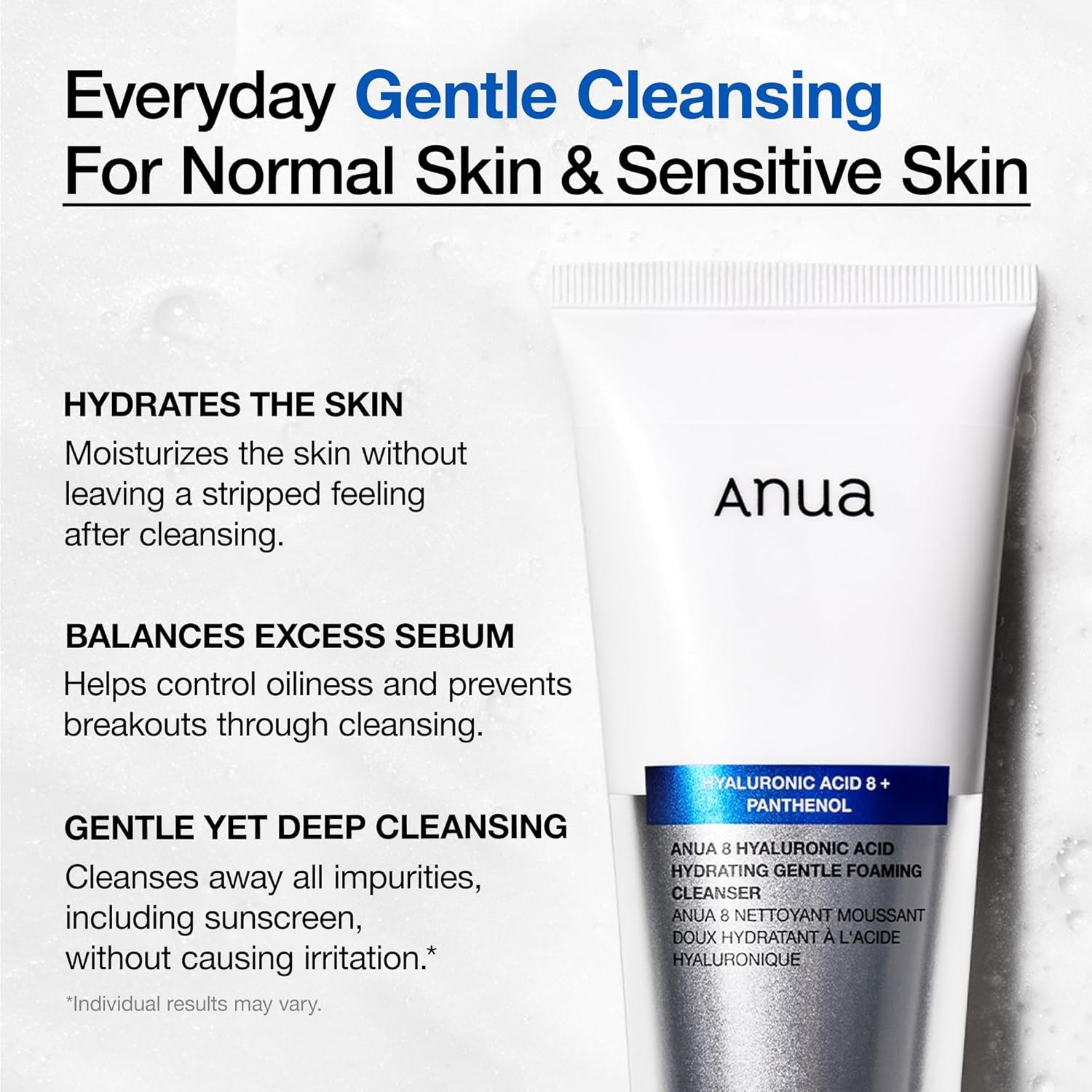 Anua Hydrating Gentle Foaming Cleanser, Hyaluronic Acid, Glycerin, Zinc, Panthenol, Korean Face Wash for Dry Skin, for Double Cleansing, Korean Skincare (150ml/5.07fl oz.) - Image 3