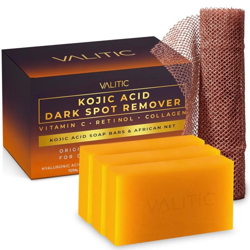 VALITIC Kojic Acid Dark Spot Remover Soap with Turmeric, Vitamin C, Retinol - Original Japanese Complex -Hyaluronic Acid, Vitamin E, Shea Butter, Castile Olive Oil - 3 Pack Bundle with African Net